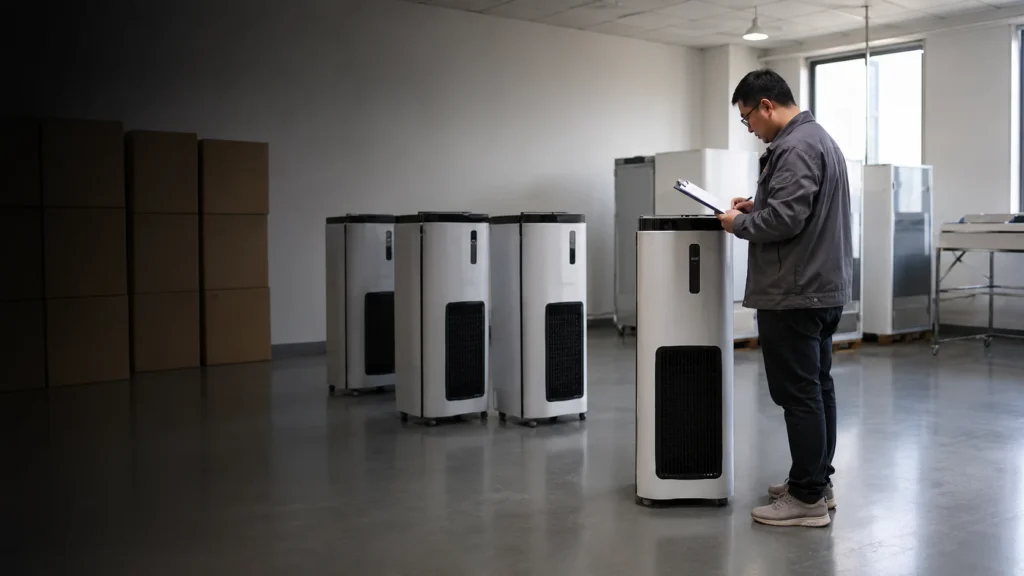 Technician inspecting compact atmospheric water generators before shipment