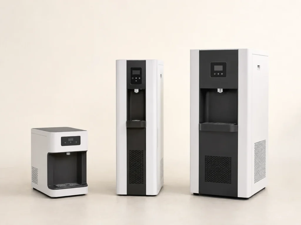 Three compact atmospheric water generator models for countertop and floor-standing use`