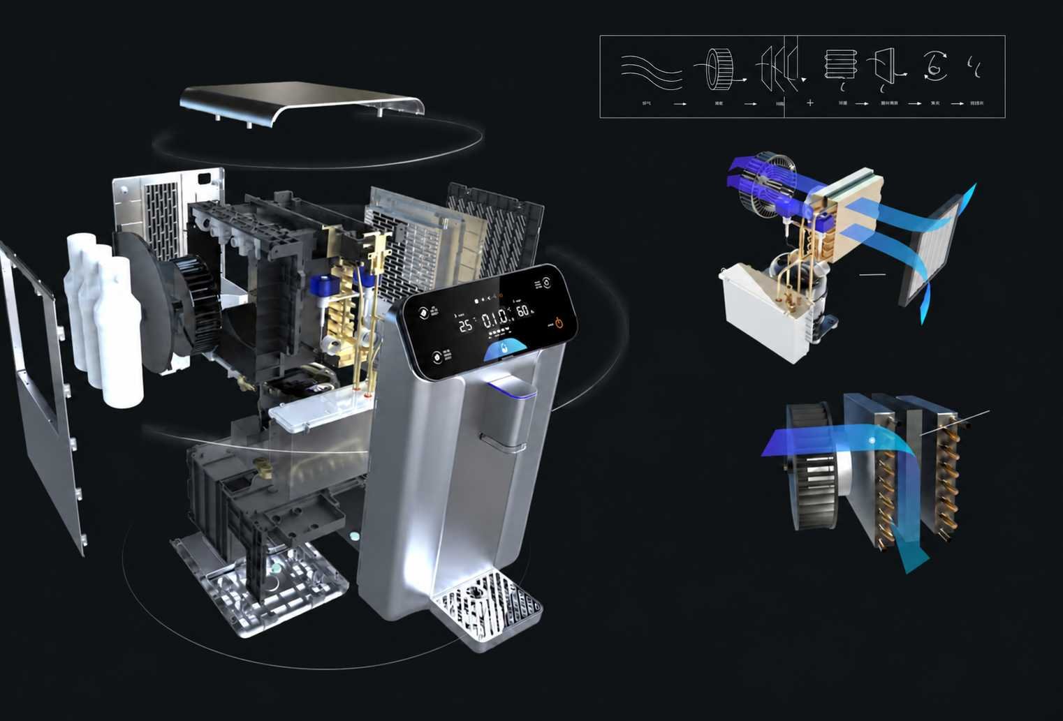 Exploded view of the YESolid 10L atmospheric water generator showing its airflow, 냉각, condensation, water treatment and dispensing systems